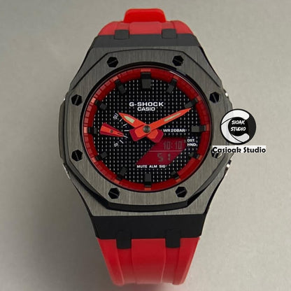 Casioak Mod Watch Black Case Red Rubber Strap Red Black Time Mark Black Waffle Dials 44mm