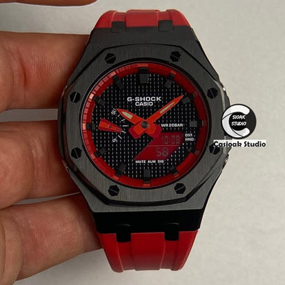 Casioak Mod Watch Black Case Red Rubber Strap Red Black Time Mark Black Waffle Dials 44mm