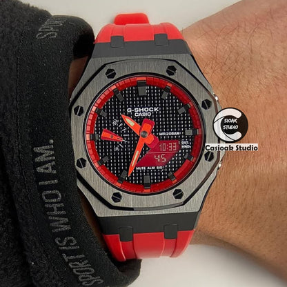 Casioak Mod Watch Black Case Red Rubber Strap Red Black Time Mark Black Waffle Dials 44mm
