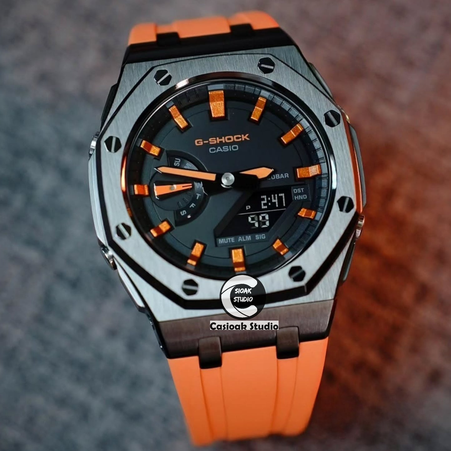 Casioak Mod Watch Offshore Superior Black Case Orange Rubber Rubber Strap Orange Black Time Mark Black Dials 44mm
