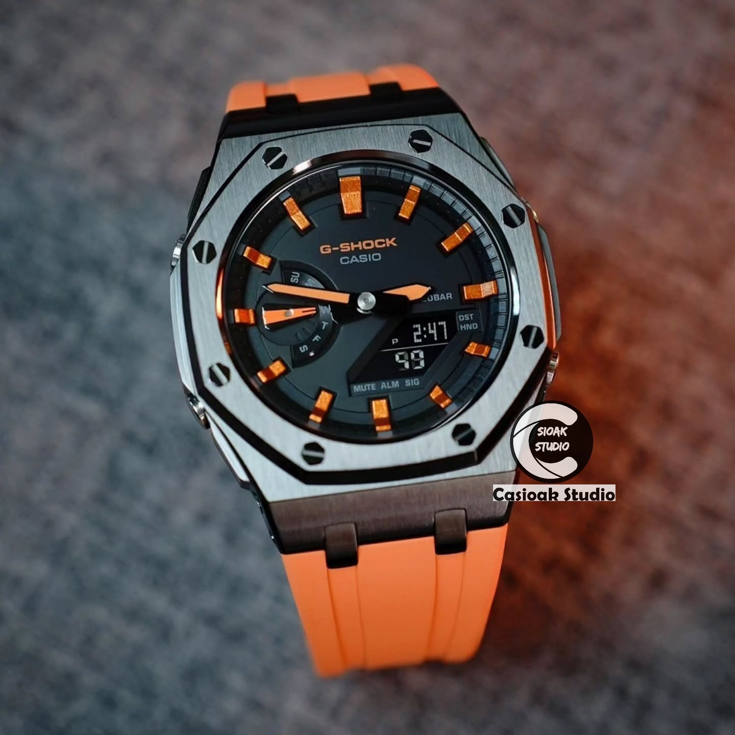 Casioak Mod Watch Offshore Superior Black Case Orange Rubber Rubber Strap Orange Black Time Mark Black Dials 44mm