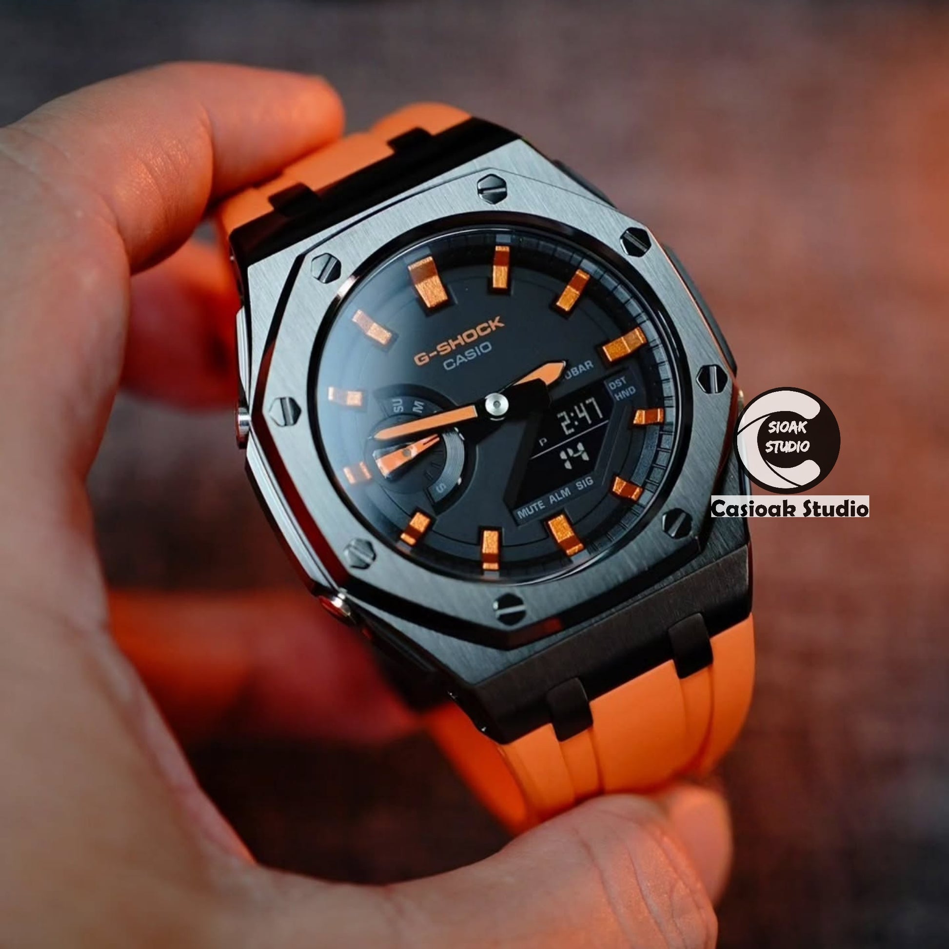 Casioak Mod Watch Offshore Superior Black Case Orange Rubber Rubber Strap Orange Black Time Mark Black Dials 44mm