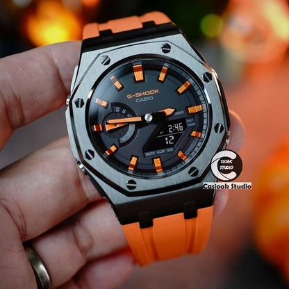 Casioak Mod Watch Offshore Superior Black Case Orange Rubber Rubber Strap Orange Black Time Mark Black Dials 44mm