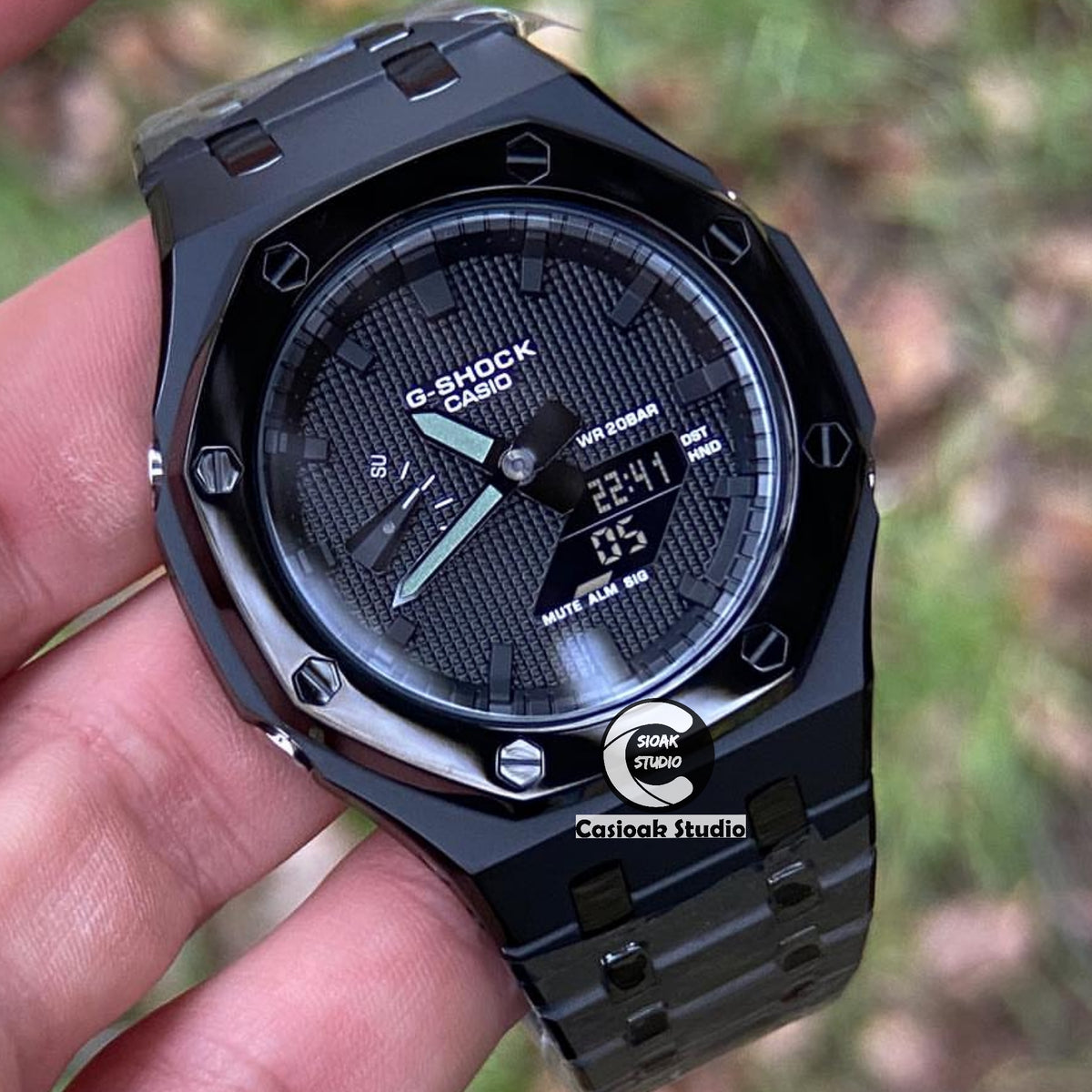 Casioak Mod Watch Polished Black Case Metal Strap Black Time Mark Black Waffle Dials 44mm