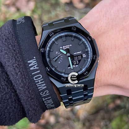 Casioak Mod Watch Polished Black Case Metal Strap Black Time Mark Black Waffle Dials 44mm