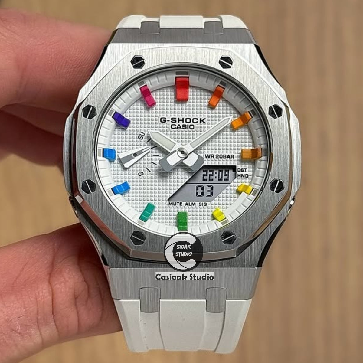 Casioak Mod Watch Silver Case White Rubber Strap White Rainbow Time Mark White Waffle Dials 42mm
