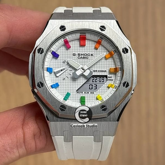 Casioak Mod Watch Silver Case White Rubber Strap White Rainbow Time Mark White Waffle Dials 42mm