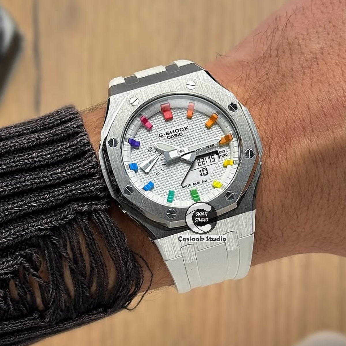Casioak Mod Watch Silver Case White Rubber Strap White Rainbow Time Mark White Waffle Dials 42mm