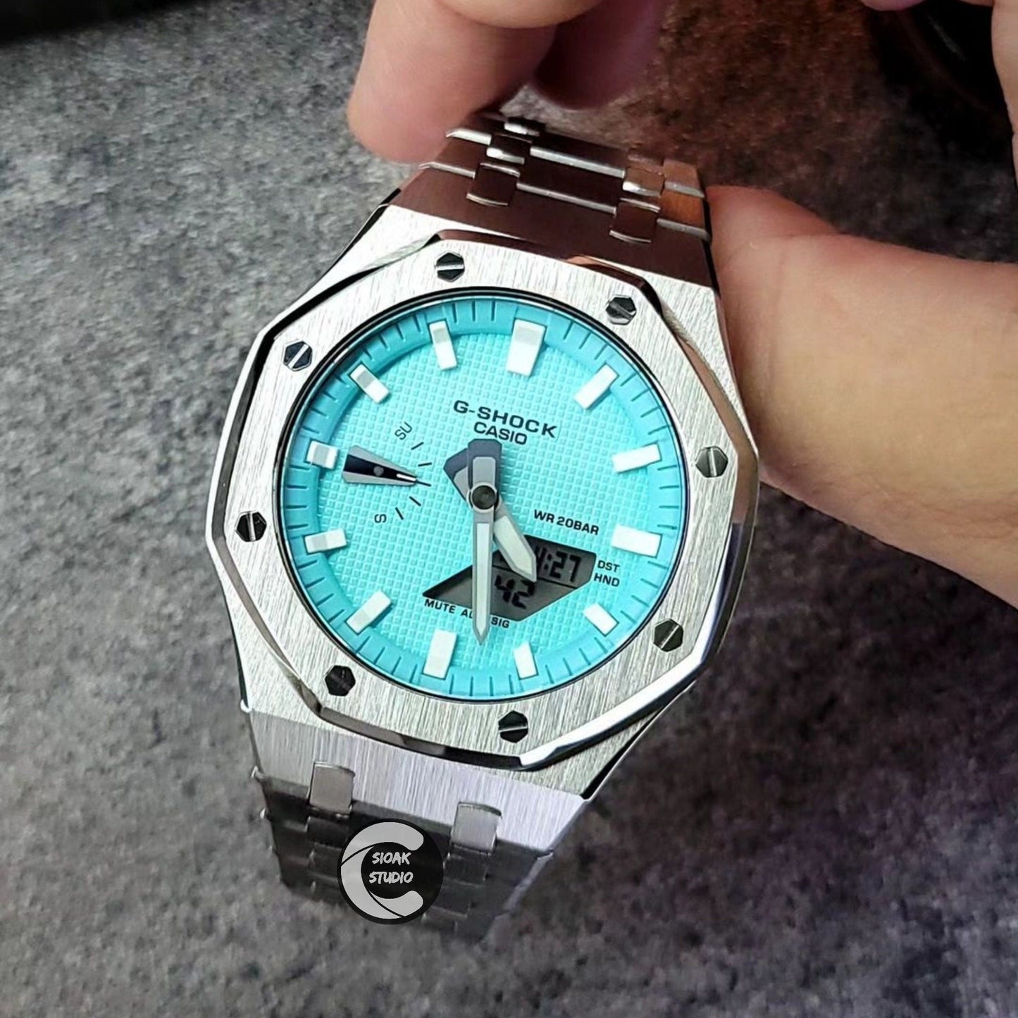 Couple Watch Casioak Mod Watch Couple Silver Case Strap Tiff Blue Dial- Casioak Mod Casio G-Shock Royal Oak Custom Mens Luxury Watches Ga2100