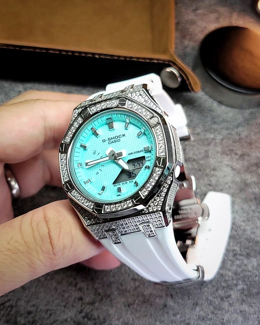 Couple Watch Casioak Mod Watch Couple Silver Case Strap Tiff Blue Dial- Casioak Mod Casio G-Shock Royal Oak Custom Mens Luxury Watches Ga2100