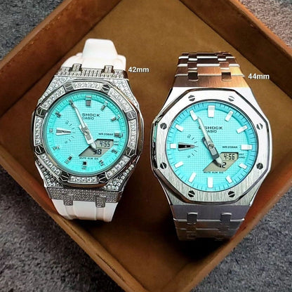 Couple Watch Casioak Mod Watch Couple Silver Case Strap Tiff Blue Dial- Casioak Mod Casio G-Shock Royal Oak Custom Mens Luxury Watches Ga2100