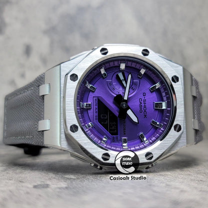 Casioak Mod Watch Offshore Superior Silver Case Gray Canvas Strap Purple Silver Time Mark Purple Dial 44mm - Casioak Studio