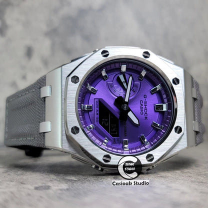 Casioak Mod Watch Offshore Superior Silver Case Gray Canvas Strap Purple Silver Time Mark Purple Dial 44mm - Casioak Studio