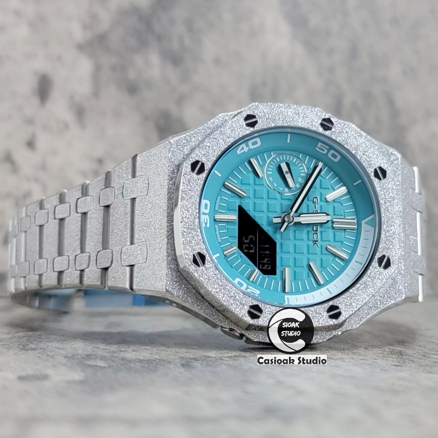 Casioak Mod Watch NEW Frosted Silver Case Metal Strap Tiff Silver Time Mark Tiff Blue Dial 44mm