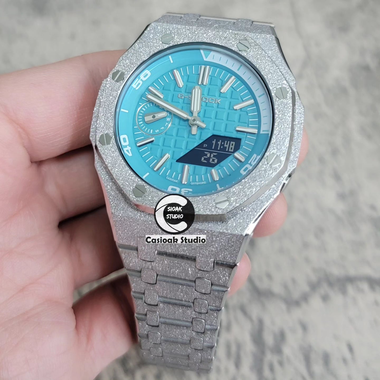 Casioak Mod Watch NEW Frosted Silver Case Metal Strap Tiff Silver Time Mark Tiff Blue Dial 44mm