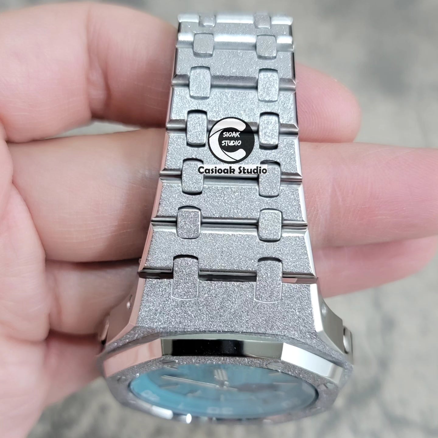 Casioak Mod Watch NEW Frosted Silver Case Metal Strap Tiff Silver Time Mark Tiff Blue Dial 44mm