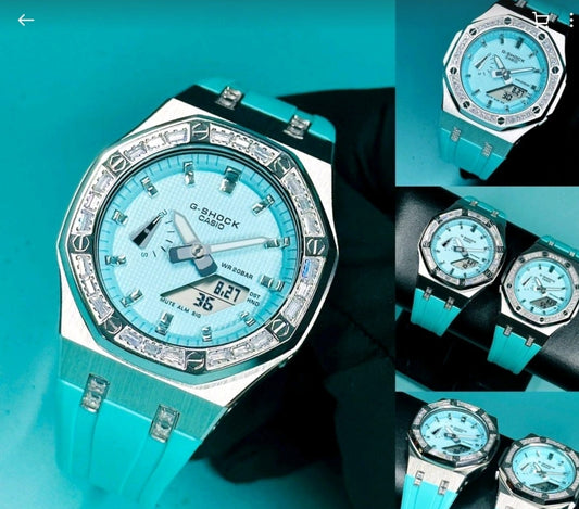 Casioak Mod Watch Diamond Silver Case Tiffany Strap Silver Time Mark Tiffany Blue Dial 44mm /42mm - Casioak Studio