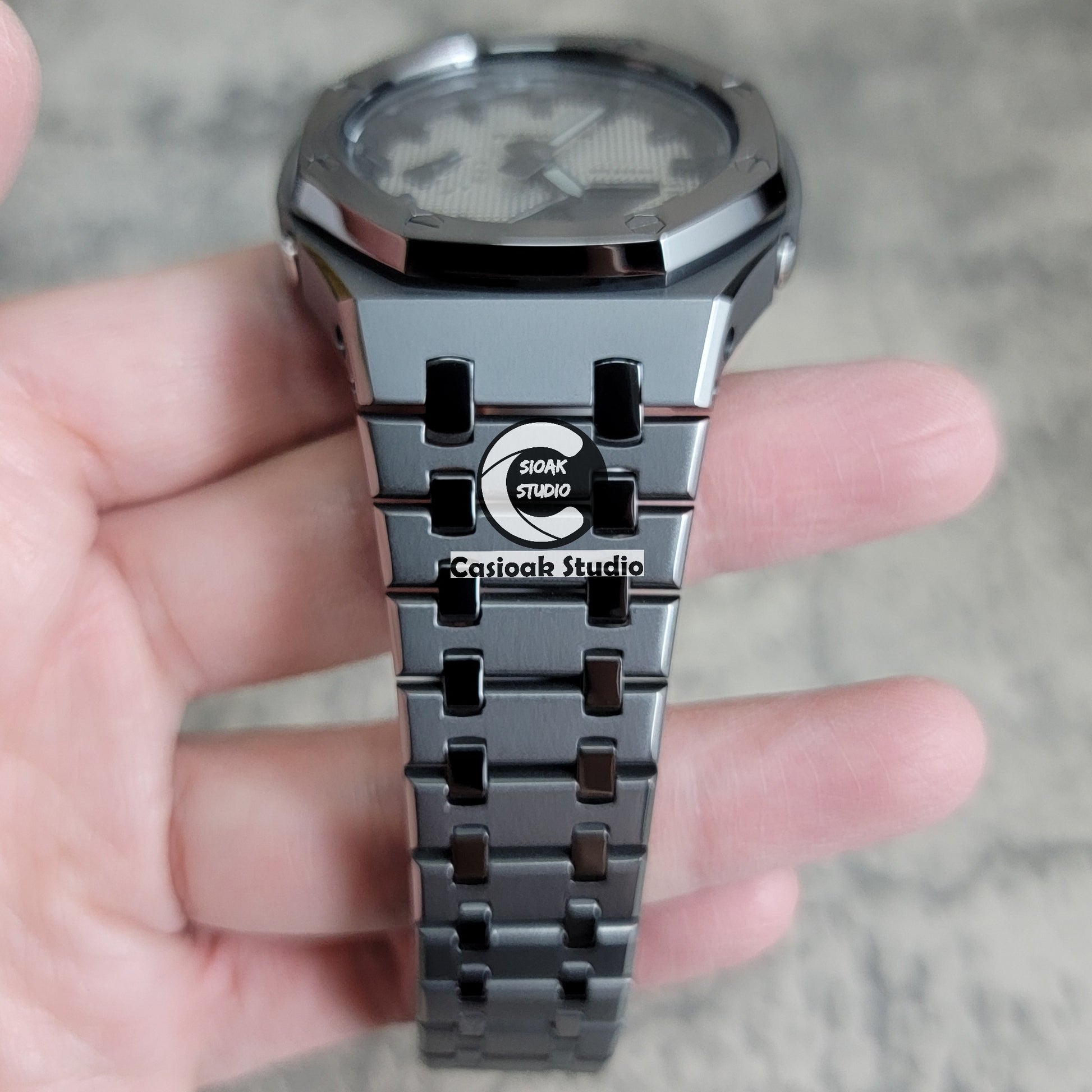Casioak Mod Watch Polished Gray Case Metal Strap Black Time Mark Gray Waffle Dial 44mm - Casioak Studio