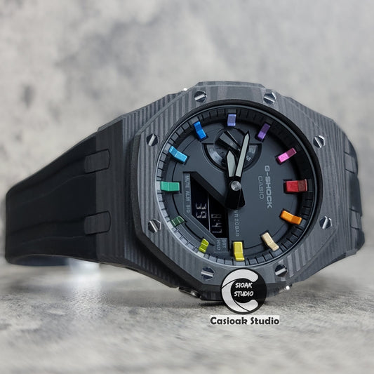 Casioak Mod Watch Carbon Fiber Case Black Strap Black Rainbow Time Mark Black Dial 44mm