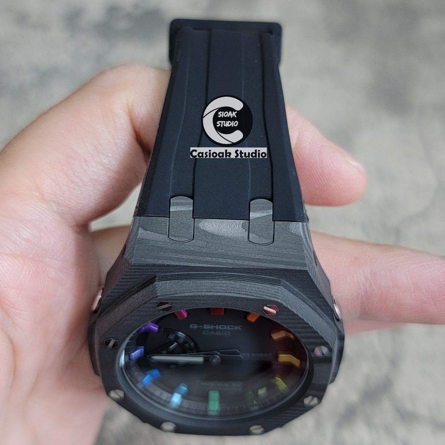 Casioak Mod Watch Carbon Fiber Case Black Strap Black Rainbow Time Mark Black Dial 44mm - Casioak Studio