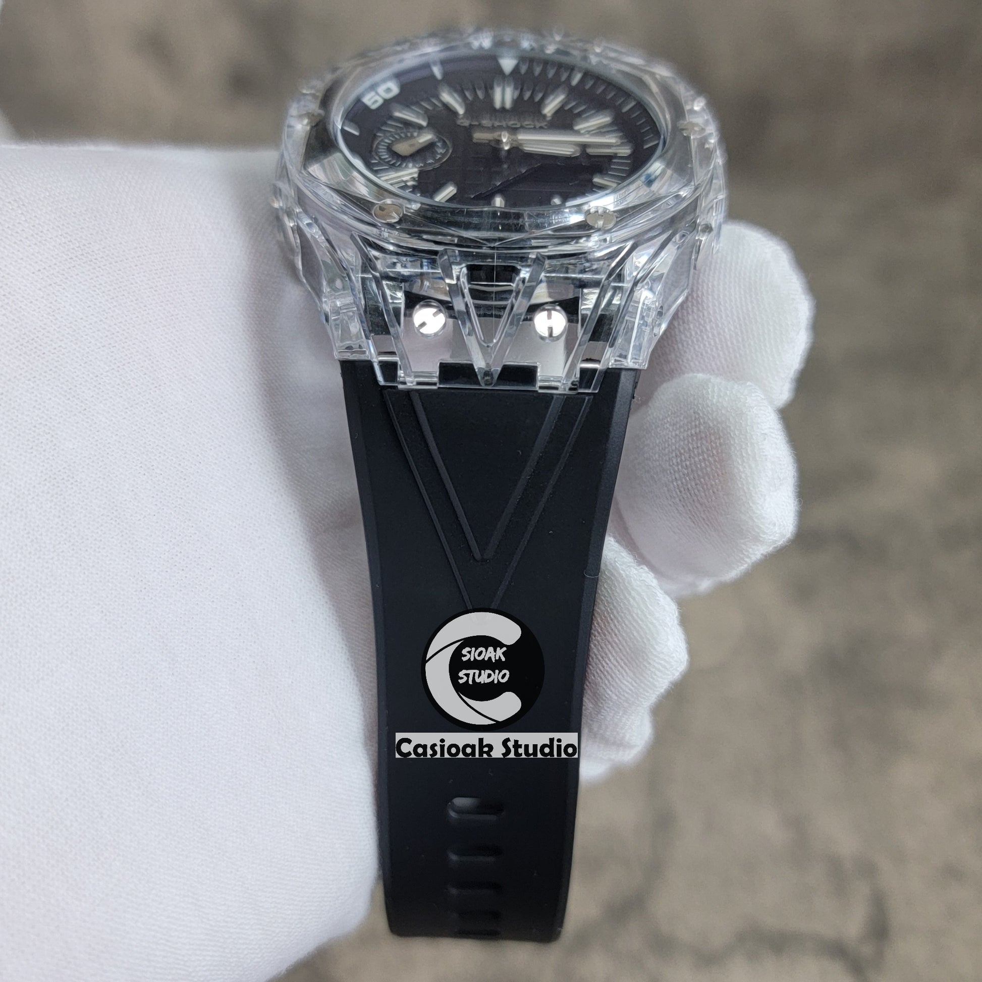 Casioak Mod Watch NEW Transparent Case Black Strap Silver Time Mark Black Dial 44mm - Casioak Studio