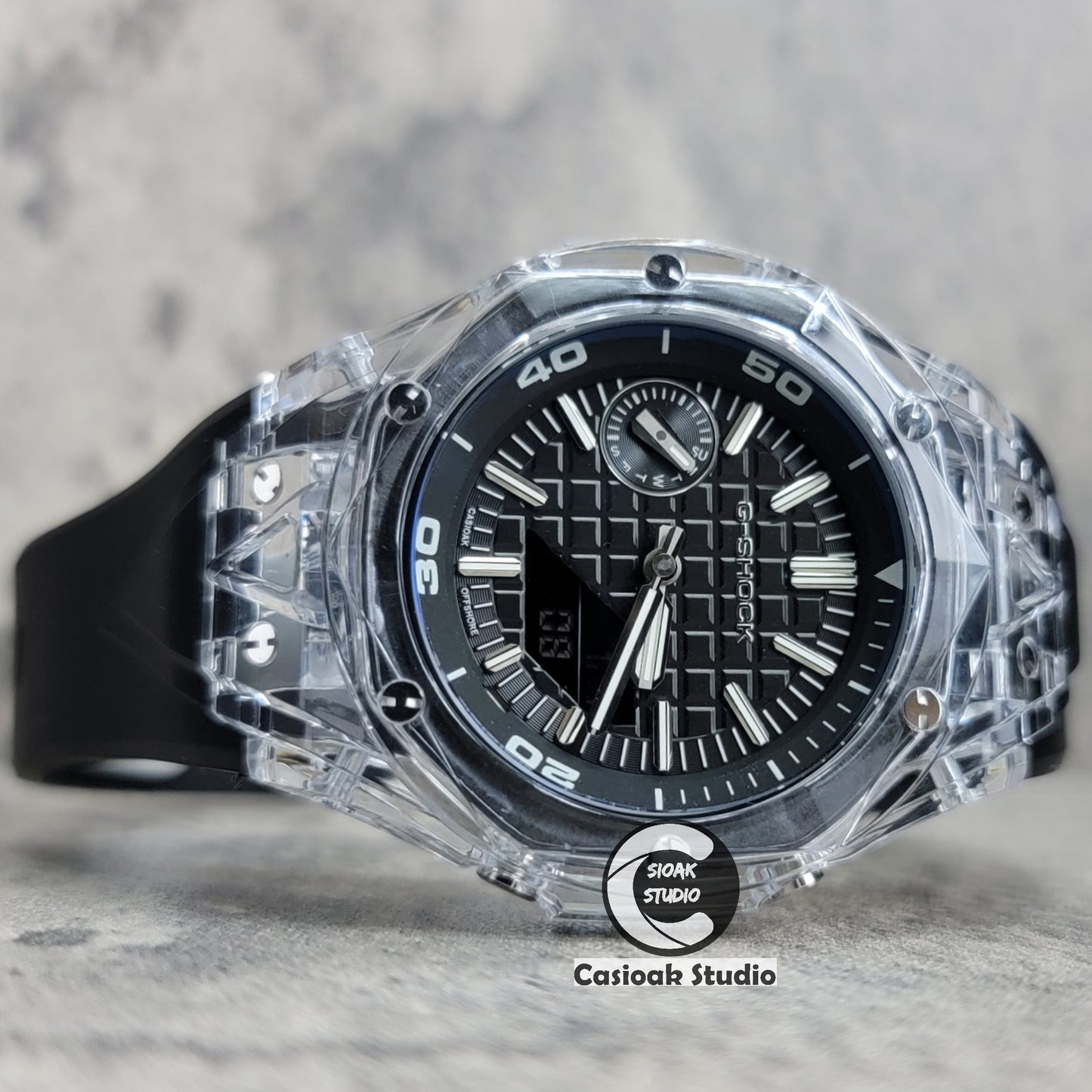 Casioak Mod Watch NEW Transparent Case Black Strap Silver Time Mark Black Dial 44mm - Casioak Studio