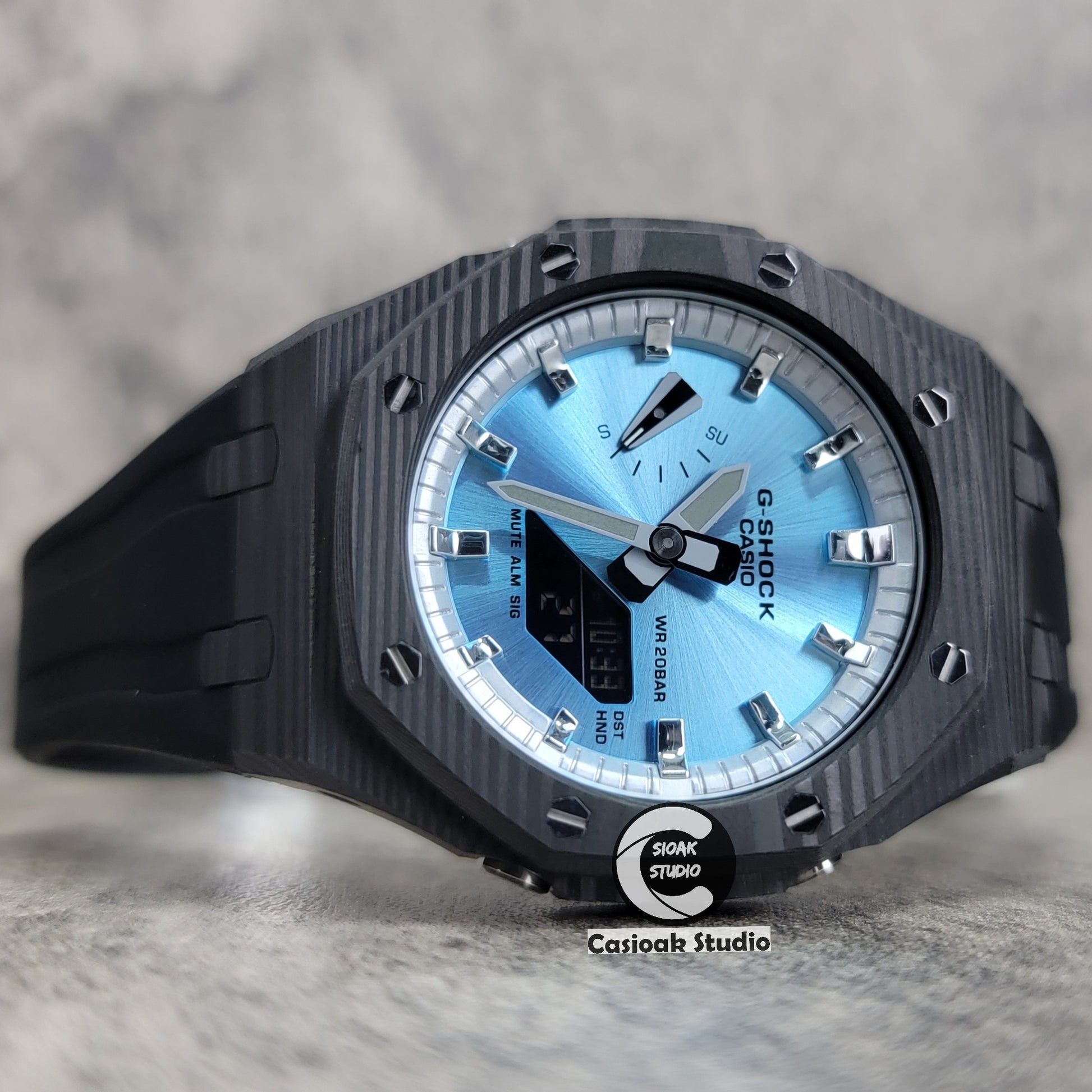 Casioak Mod Watch Carbon Fiber Black Case Black Strap Silver Time Mark Bllue Dial 44mm - Casioak Studio