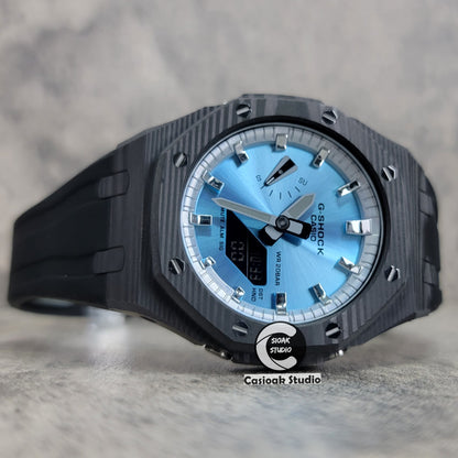 Casioak Mod Watch Carbon Fiber Black Case Black Strap Silver Time Mark Bllue Dial 44mm - Casioak Studio