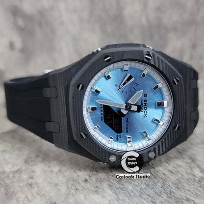 Casioak Mod Watch Carbon Fiber Black Case Black Strap Silver Time Mark Bllue Dial 44mm - Casioak Studio