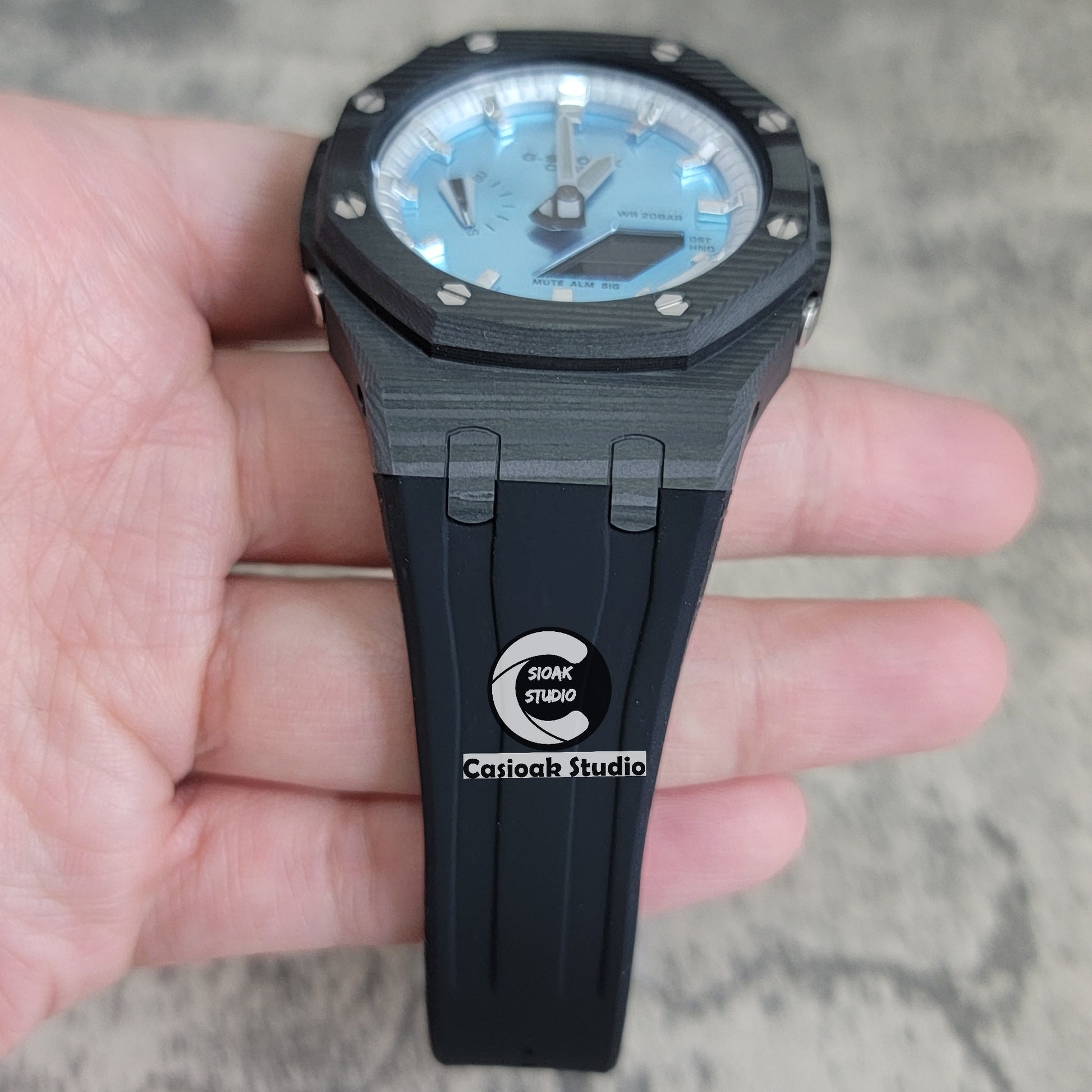 Casioak Mod Watch Carbon Fiber Black Case Black Strap Silver Time Mark Bllue Dial 44mm - Casioak Studio