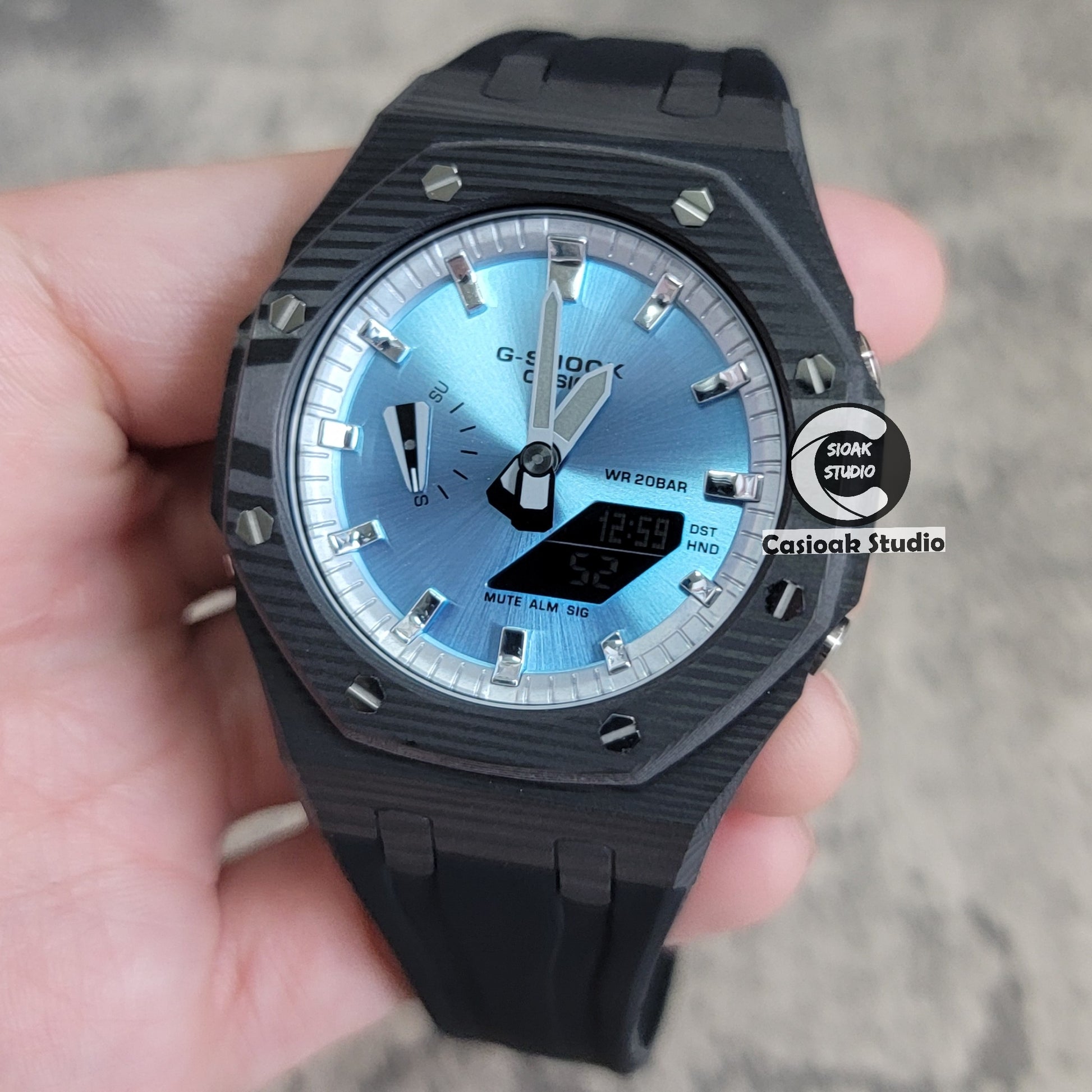 Casioak Mod Watch Carbon Fiber Black Case Black Strap Silver Time Mark Bllue Dial 44mm - Casioak Studio