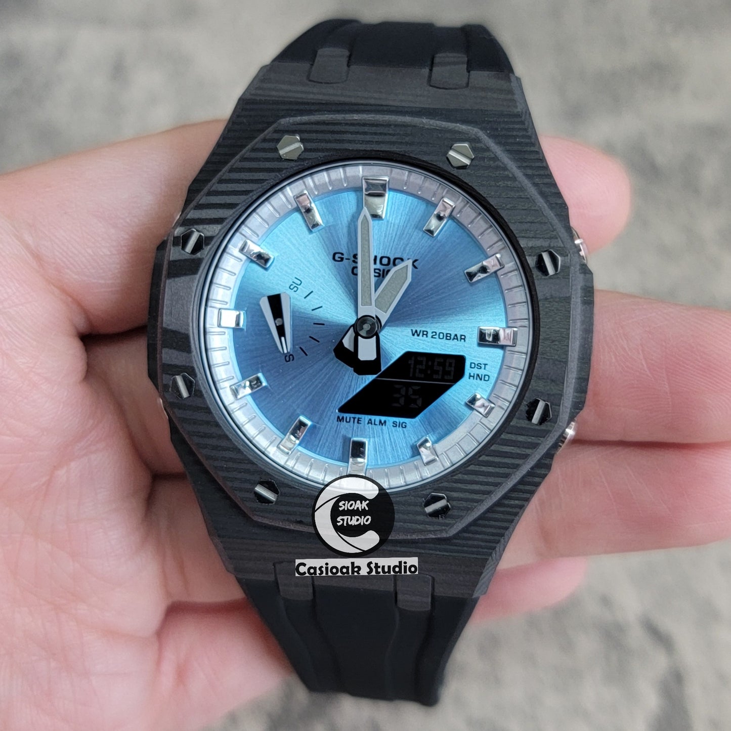 Casioak Mod Watch Carbon Fiber Black Case Black Strap Silver Time Mark Bllue Dial 44mm - Casioak Studio