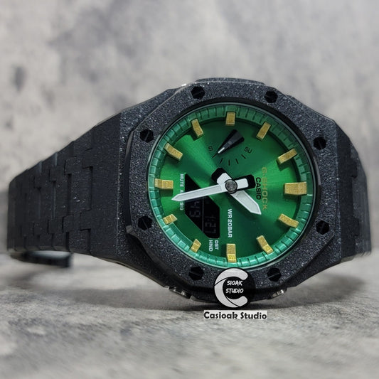 Casioak Mod Watch Frosted Black Case Metal Strap Green Gold Time Mark Green Dial 44mm