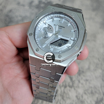 Casioak Mod Watch Silver Case Metal Strap Silver Time Mark Silver Dial 44mm - Casioak Studio