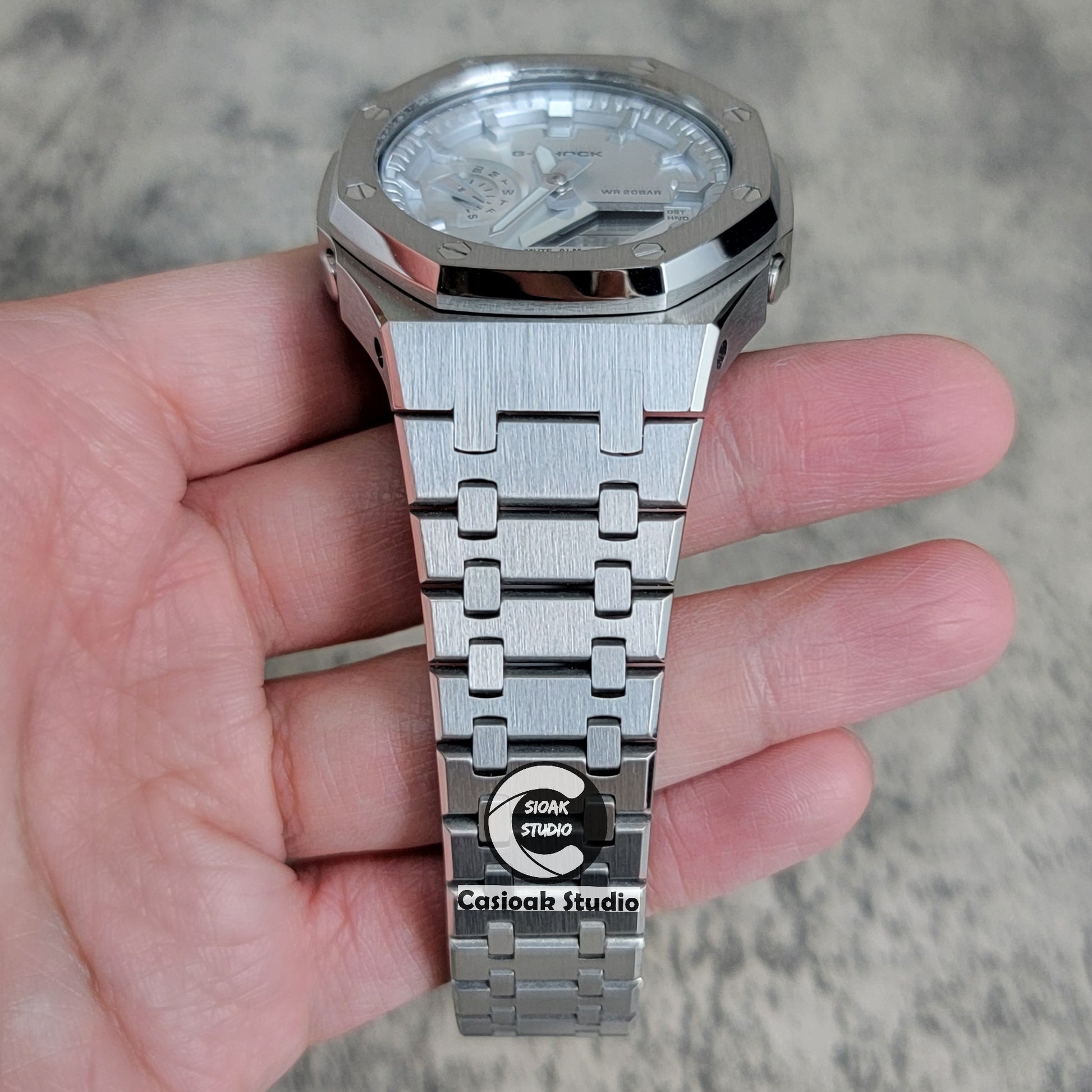Casioak Mod Watch Silver Case Metal Strap Silver Time Mark Silver Dial 44mm - Casioak Studio