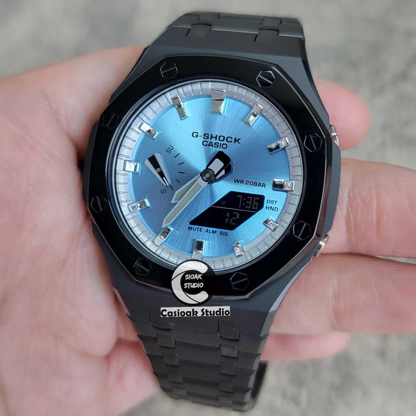 Casioak Mod Watch Polished Black Case Metal Strap Silver Time Mark Ice Blue Dial 44mm - Casioak Studio