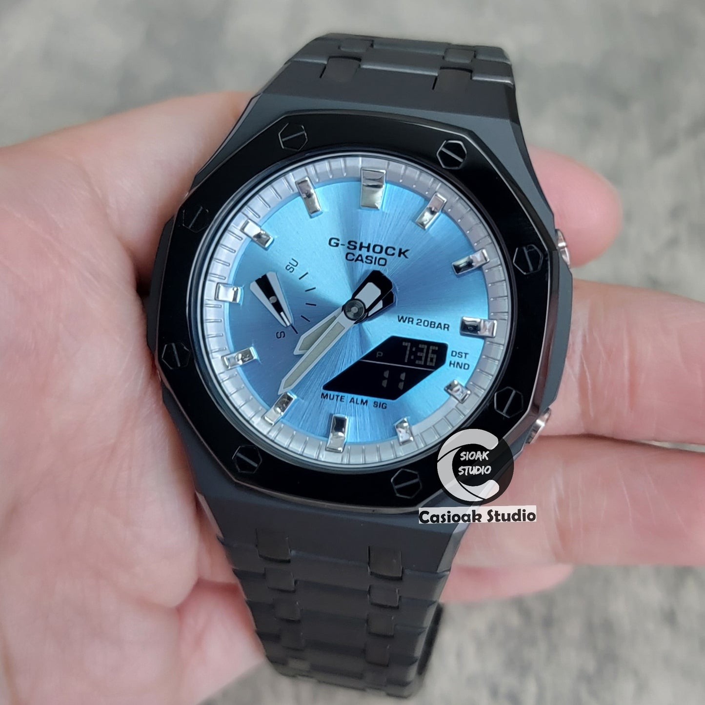 Casioak Mod Watch Polished Black Case Metal Strap Silver Time Mark Ice Blue Dial 44mm - Casioak Studio