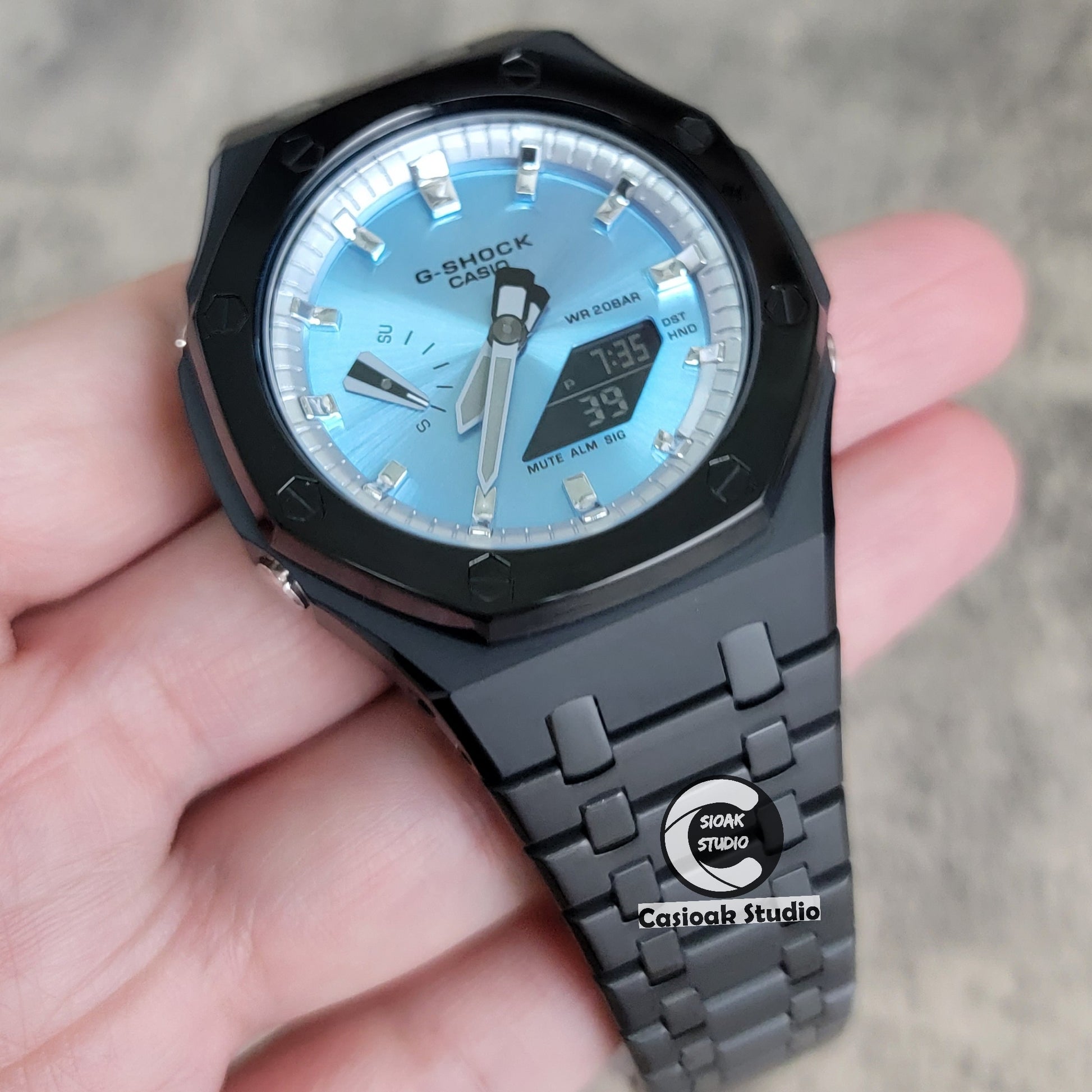 Casioak Mod Watch Polished Black Case Metal Strap Silver Time Mark Ice Blue Dial 44mm - Casioak Studio