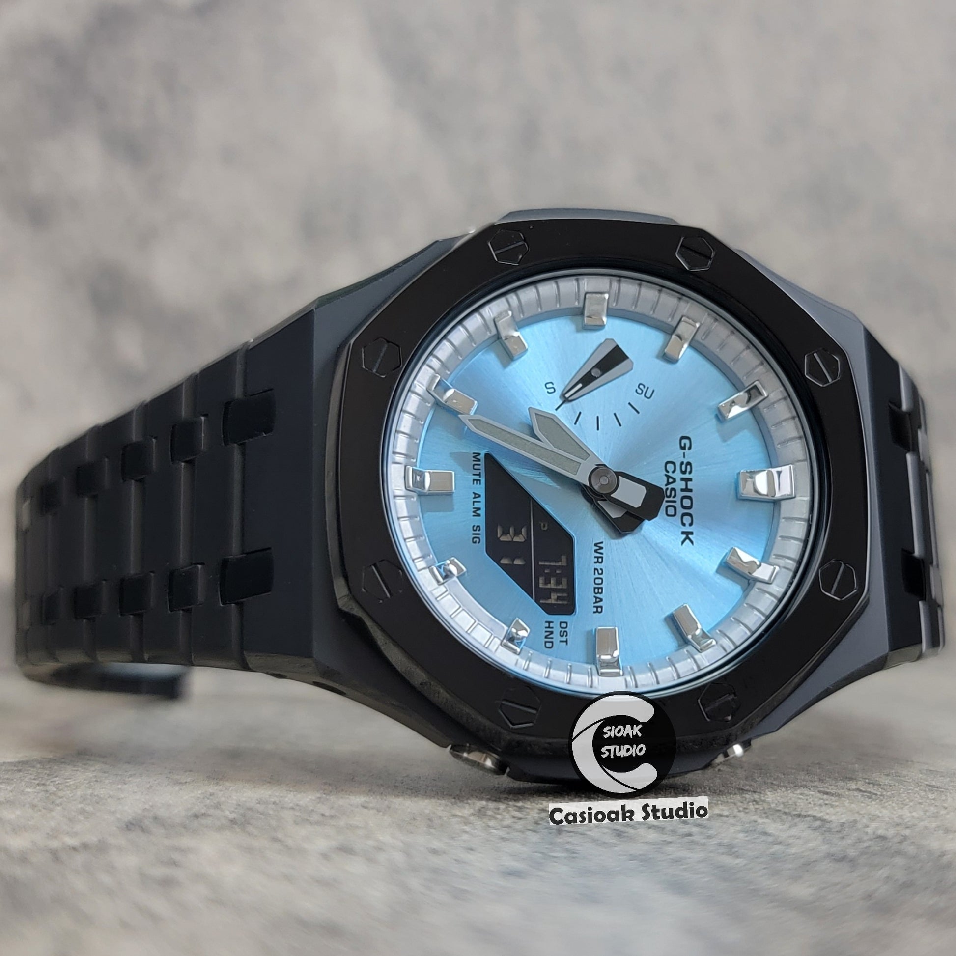 Casioak Mod Watch Polished Black Case Metal Strap Silver Time Mark Ice Blue Dial 44mm - Casioak Studio