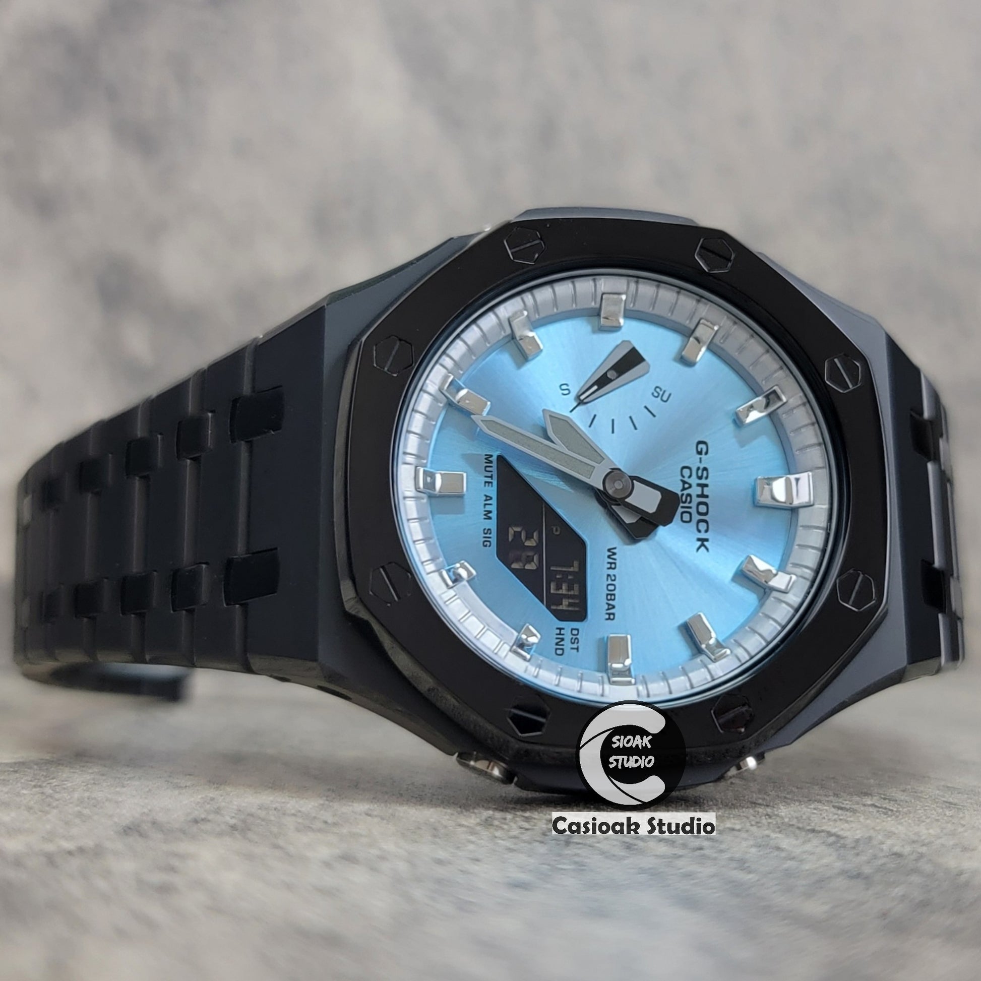 Casioak Mod Watch Polished Black Case Metal Strap Silver Time Mark Ice Blue Dial 44mm - Casioak Studio