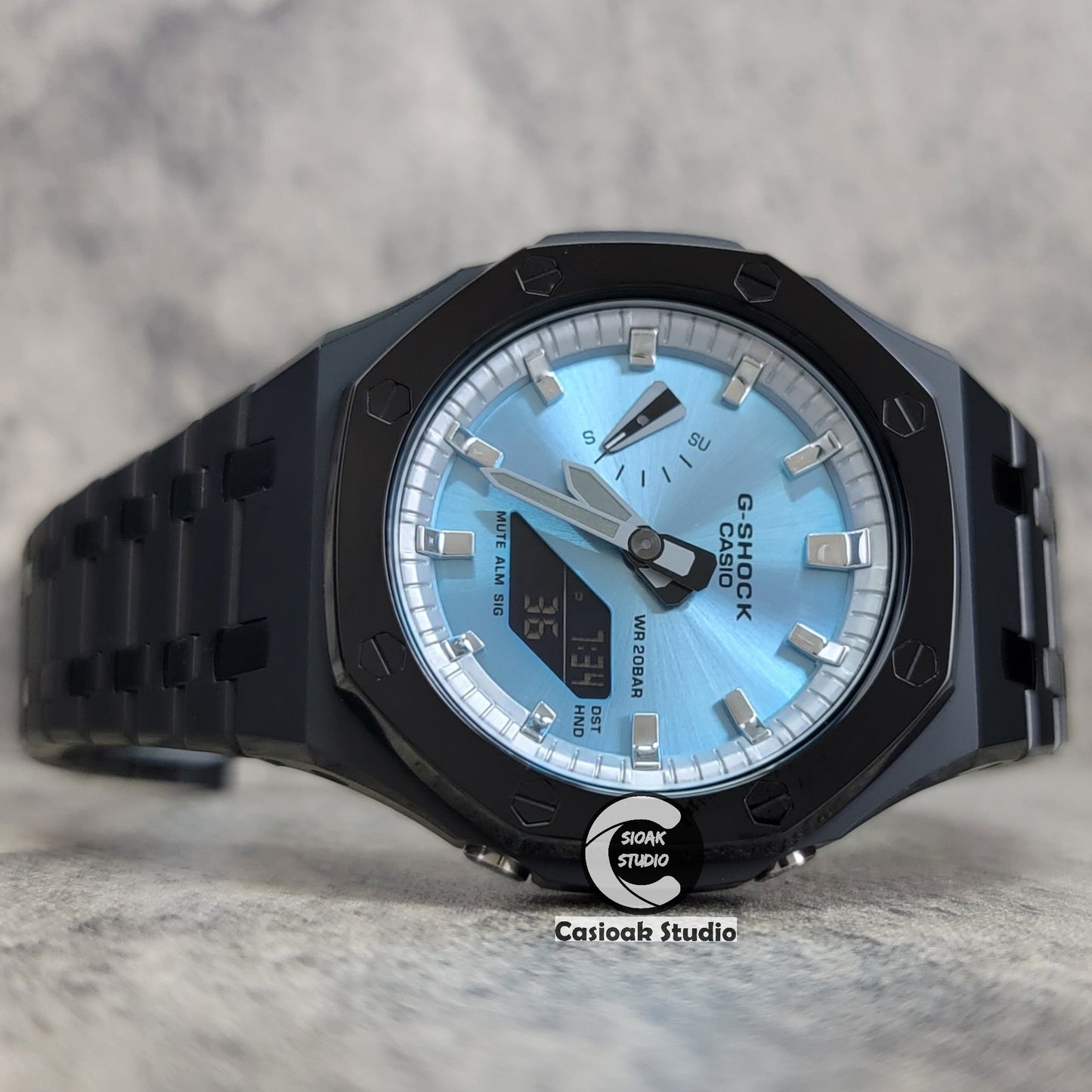 Casioak Mod Watch Polished Black Case Metal Strap Silver Time Mark Ice Blue Dial 44mm - Casioak Studio