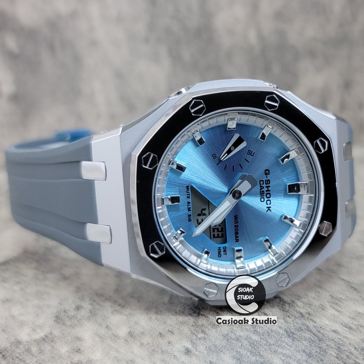 Casioak Mod Watch Polished Silver Case Black Strap Silver Time Mark Blue Dial 44mm - Casioak Studio