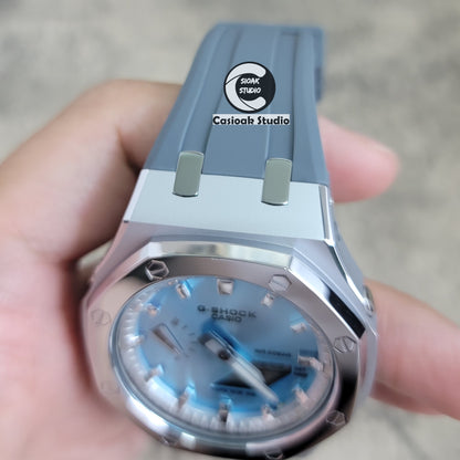 Casioak Mod Watch Polished Silver Case Black Strap Silver Time Mark Blue Dial 44mm - Casioak Studio