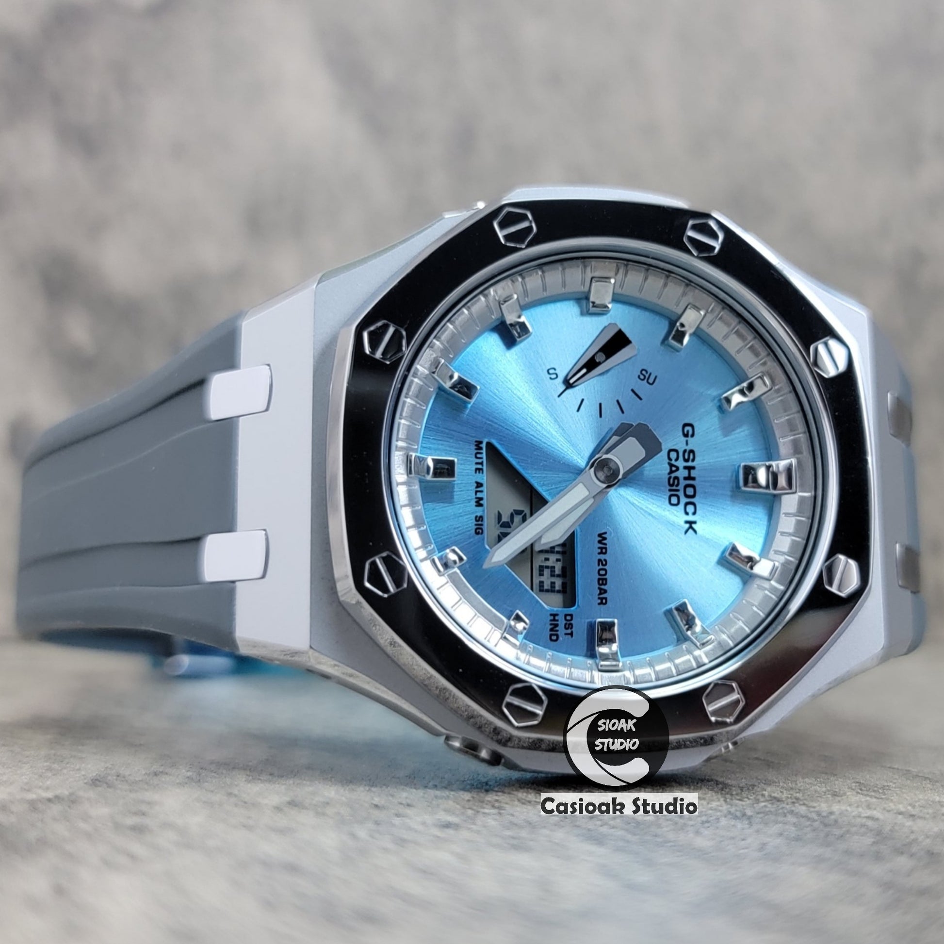 Casioak Mod Watch Polished Silver Case Black Strap Silver Time Mark Blue Dial 44mm - Casioak Studio