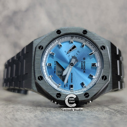 Casioak Mod Watch Gray Case Metal Strap Silver Time Mark Ice Blue Dial 44mm - Casioak Studio