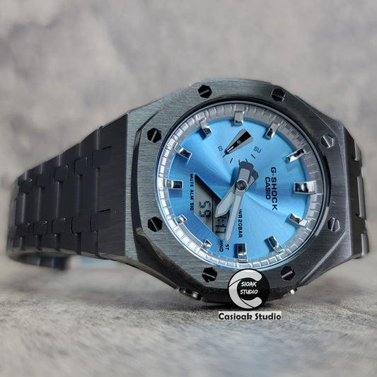 Casioak Mod Uhr, graues Gehäuse, Metallarmband, silberne Zeitmarke, eisblaues Zifferblatt, 44 mm