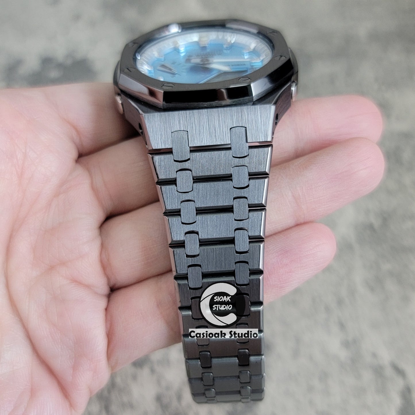 Casioak Mod Watch Gray Case Metal Strap Silver Time Mark Ice Blue Dial 44mm