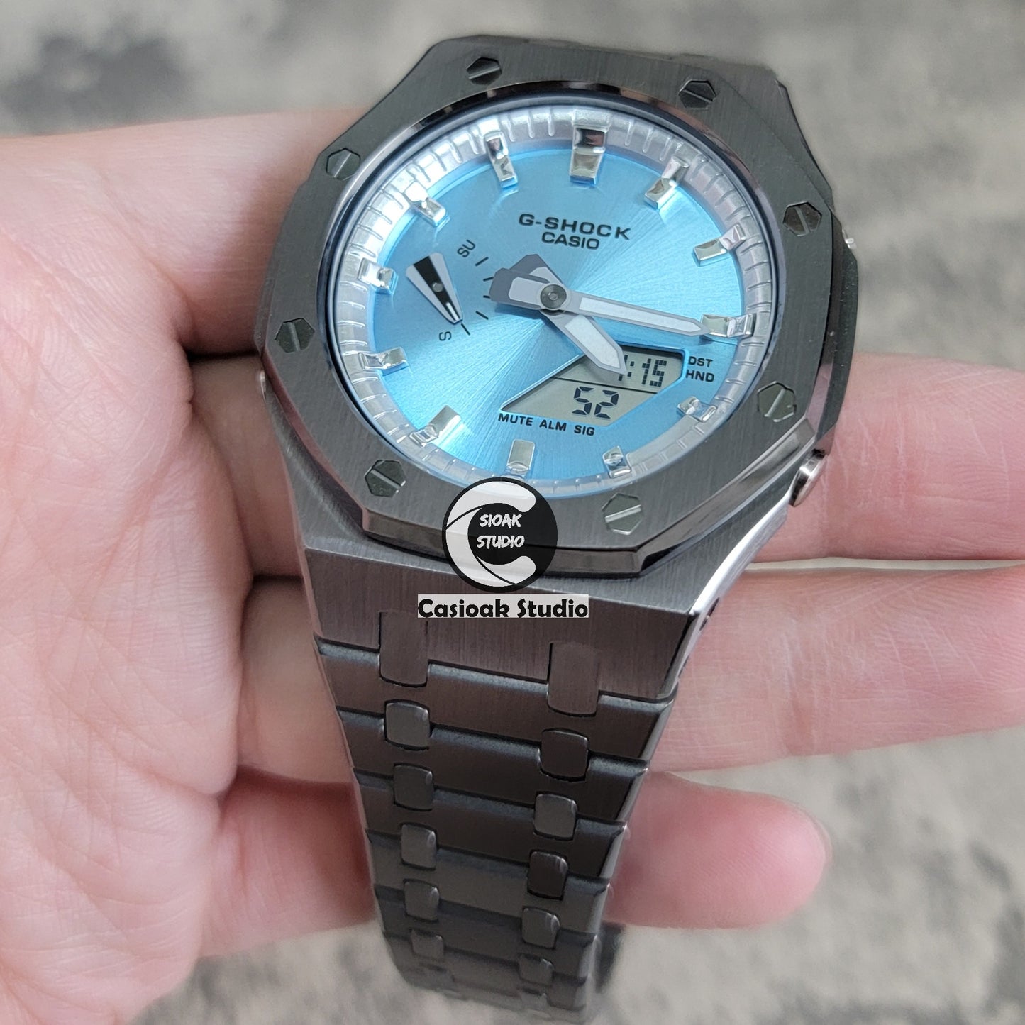 Casioak Mod Watch Gray Case Metal Strap Silver Time Mark Ice Blue Dial 44mm