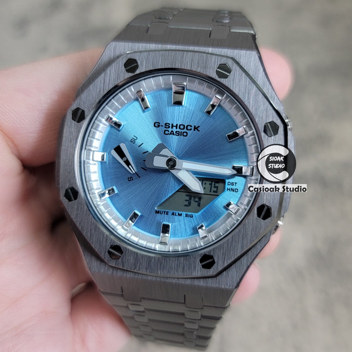 Casioak Mod Watch Gray Case Metal Strap Silver Time Mark Ice Blue Dial 44mm - Casioak Studio