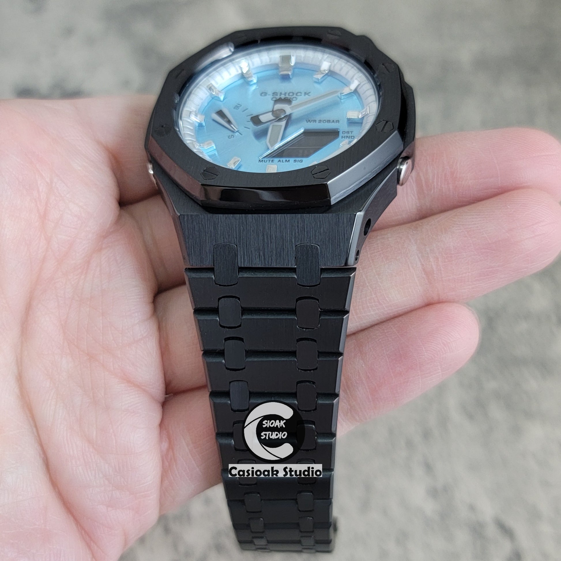 Casioak Mod Watch Black Case Metal Strap Silver Time Mark Ice Blue Dial 44mm - Casioak Studio